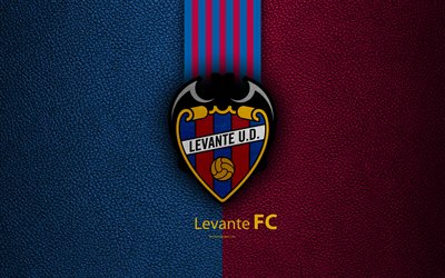 Levante UD FC, 4K, Spanish football club, La Liga, logo, emblem, leather texture, Valencia, Spain, football