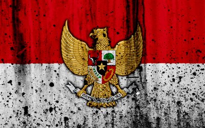Indonesian lippu, 4k, grunge, lipun Indonesia, Aasiassa, Indonesia, kansalliset symbolit, vaakuna Indonesia, Indonesian vaakuna, Indonesian kansallinen tunnus