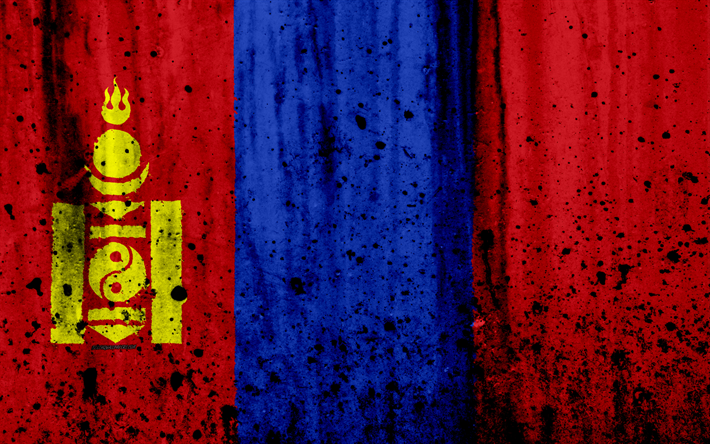 Mongolisk flagg, 4k, grunge, Asien, flaggan i Mongoliet, nationella symboler, Mongoliet, Mongoliska vapen, flagga, Mongoliska nationella emblem