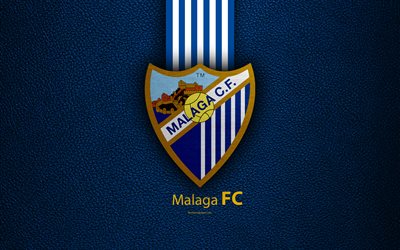 マラガのFC, 4K, スペインサッカークラブ, リーガ, ロゴ, エンブレム, 革の質感, マラガ, スペイン, サッカー