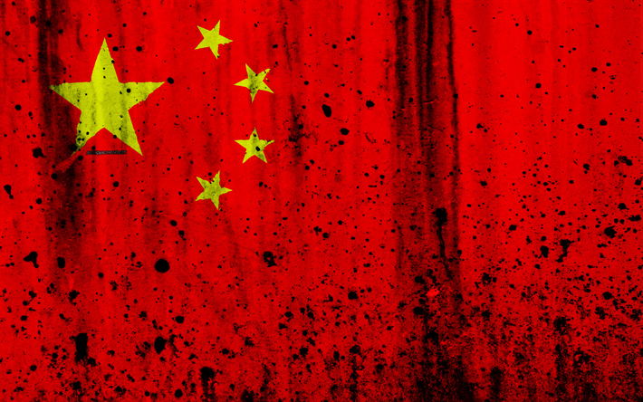 Kinesisk flagga, 4k, grunge, flaggan i Kina, Asien, Kina, KINA, nationella symboler, Kinas flagga