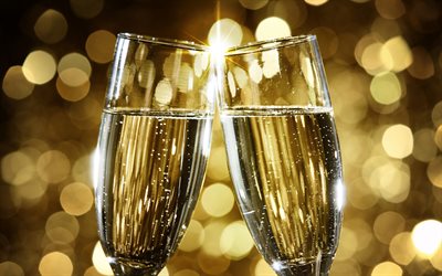 シャンパン, 4k, 新年, ガラスシャンパン