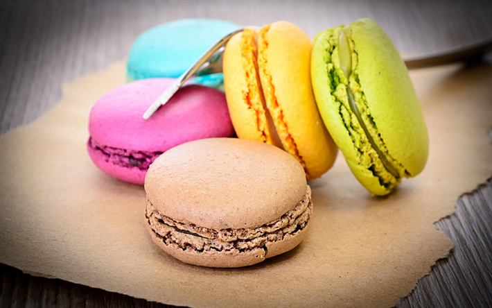 macaroons, colorful biscuits, sweets, pastries, cookies, cupcakes