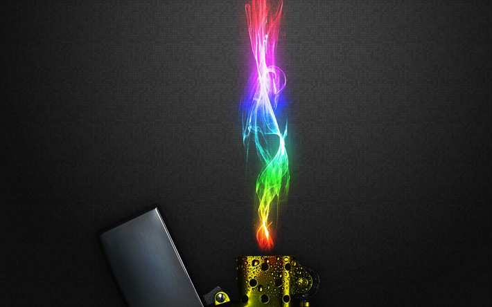 lighter, colorful fire, neon lights, creative