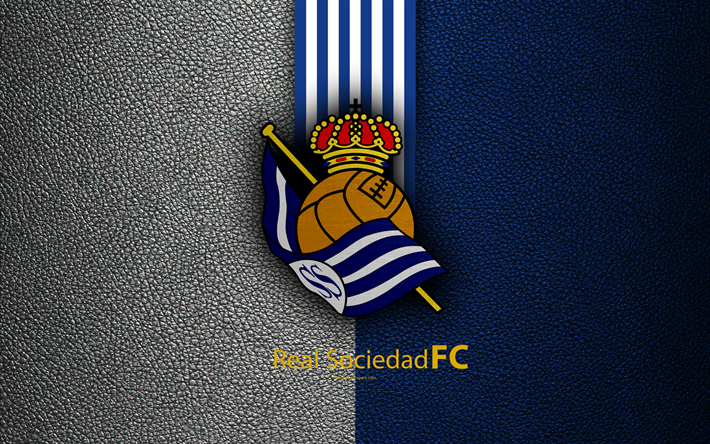 Real Sociedad FC, 4K, Spanish football club, La Liga, logo, emblem, leather texture, San Sebastian, Spain, football