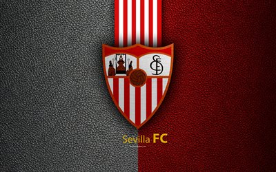 Sevilla FC, 4K, Spanish football club, La Liga, logo, emblem, leather texture, Sevilla, Spain, football