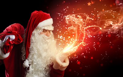 Santa Claus, Christmas, 4k, red bag, magic smoke, New Year, gifts