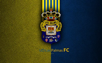 UDラス-パルマス-FC, 4K, スペインサッカークラブ, リーガ, ロゴ, エンブレム, 革の質感, ラスパルマスデグランカナリア, スペイン, サッカー