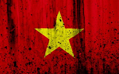Vietnamesiska flaggan, 4k, grunge, Asien, flaggan i Vietnam, nationella symboler, Vietnam, vapen i Vietnam, flagga, Vietnamesiska nationella emblem