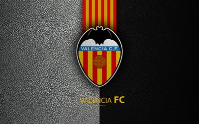 Valencia FC, 4K, Spanish football club, La Liga, logo, Valencia emblem, leather texture, Valencia, Spain, football