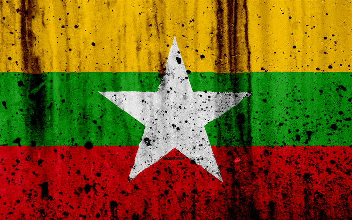 ميانمار العلم, 4k, الجرونج, العلم ميانمار, آسيا, ميانمار, الرموز الوطنية, ميانمار العلم الوطني