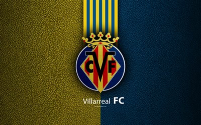 Villarreal FC, 4K, club spagnolo, La Liga, logo, simbolo, texture in pelle, Villarreal, Spagna, calcio