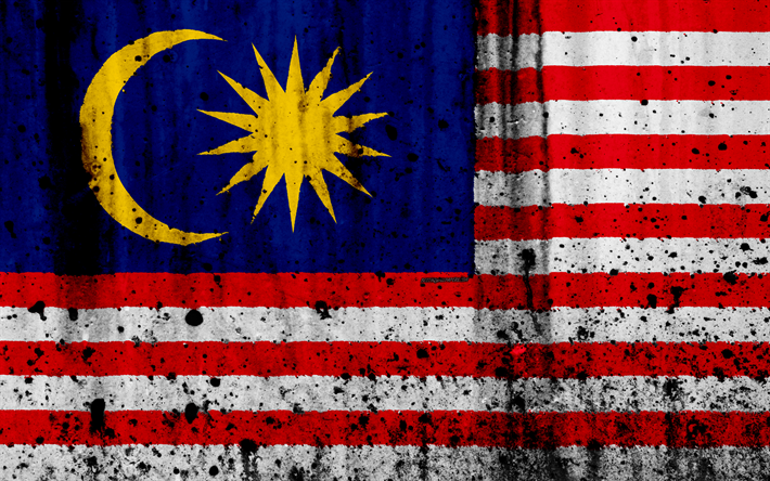 Malesian lippu, 4k, grunge, lipun Malesia, Aasiassa, Malesia, kansalliset symbolit