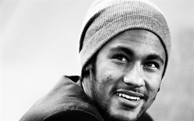 Neymar Jr, 4k, retrato, monocrom&#225;tico, Futebolista brasileiro, O Paris Saint-Germain, O PSG, Fran&#231;a