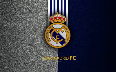 Real Madrid FC, 4K, Espanjan football club, La Liga, logo, Real Madrid CF-tunnus, nahka rakenne, Madrid, Espanja, jalkapallo
