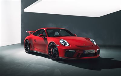 Porsche 911 GT3, 2018, 4k, red sports coupe, German cars, sports cars, tuning, red-black wheels, Porsche