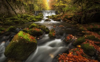 Areuse Gorge, cachoeira, rio de montanha, outono, floresta, paisagem de outono, Val-De-Travers, Su&#237;&#231;a