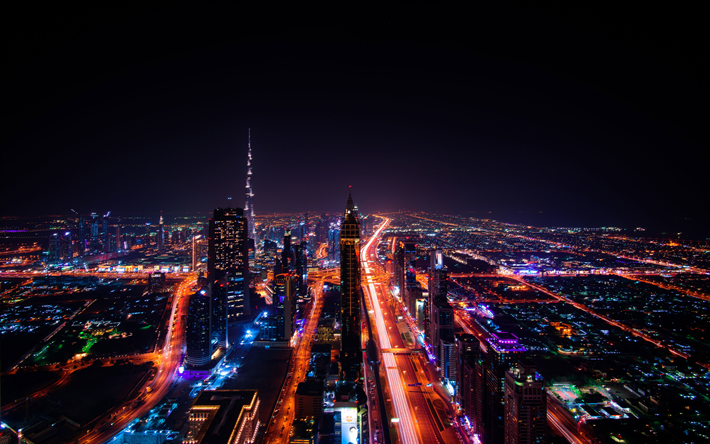 Dubai, 4k, O Burj Khalifa, noturnas, edif&#237;cios modernos, sem&#225;foros, arranha-c&#233;us, EMIRADOS &#225;rabes unidos