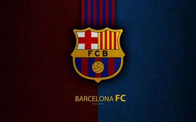 Barcelona FC, 4K, Spanish football club, La Liga, logo, emblem, leather texture, Barcelona, Catalonia, Spain, football
