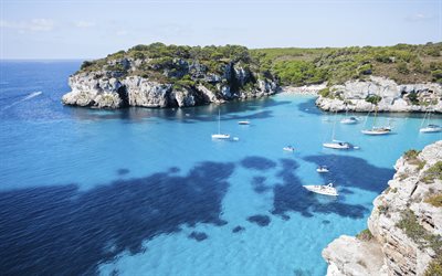 Menorca, 4k, Mediterranean Sea, summer, bay, yachts, Spain, Europe