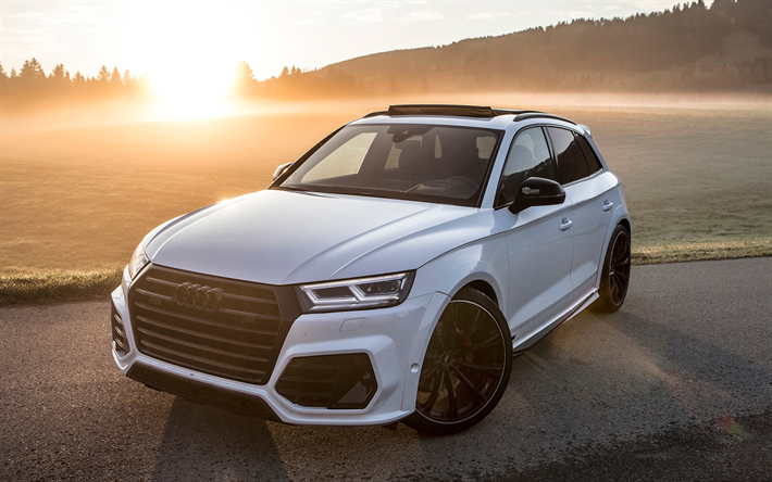 Audi SQ5, 2018, ABT, ajuste Q5, p&#244;r do sol, noite, novo branco Q5, exterior, rodas pretas, Carros alem&#227;es, Audi