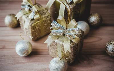 golden creative christmas balls, golden gifts, shiny silk golden ribbons, silk bows, Christmas, New Year
