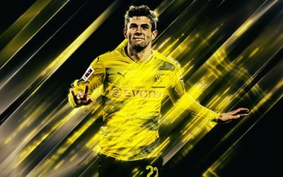 Christian Pulisic, 4k, yaratıcı sanat, stil bı&#231;aklar, Borussia Dortmund, Amerikan futbolcu, Bundesliga, Almanya, BVB, sarı yaratıcı arka plan, futbol, Pulisic