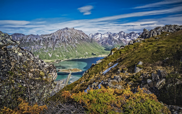 paisagem de montanha, lago de montanha, outono, rochas, Nordland, Noruega