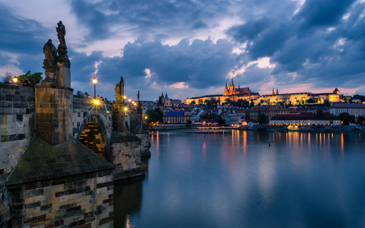 Charles Bridge, Praga, noite, p&#244;r do sol, marco, Rep&#250;blica Checa