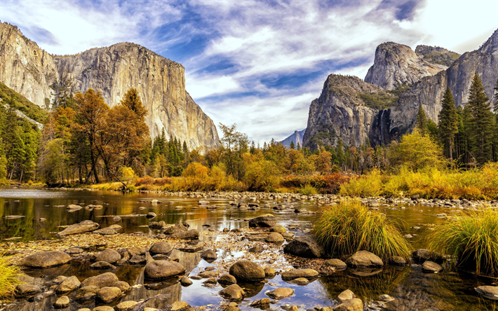 EUA, Vale De Yosemite, Rio Merced, outono, american marcos, montanhas, O Parque Nacional De Yosemite, Sierra Nevada, Am&#233;rica