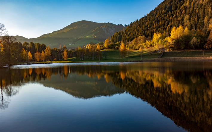 autunno, paesaggio, lago di montagna, giallo, alberi, lago, montagna, Alpi