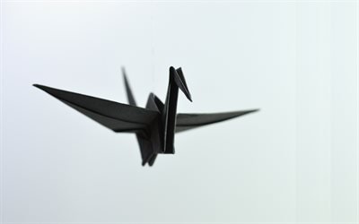 4k, black swan, origami, gray background, paper bird, creative