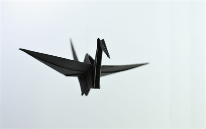 4k, black swan, origami, fond gris, les oiseaux en papier, cr&#233;atif