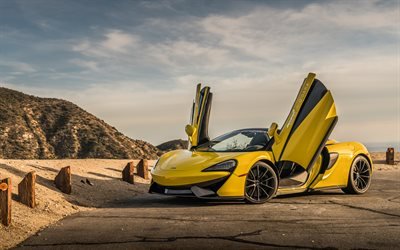 4k, 570S McLaren, plaj, 2019 arabalar, s&#252;per arabalar, sarı 570S, hypercars, McLaren