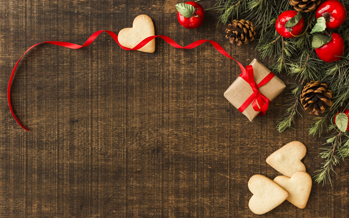 Navidad, textura de madera marr&#243;n, rojo cintas de seda, A&#241;o Nuevo, regalos