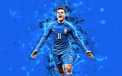 Coutinho, joy, striker, Brazil National Team, blue uniform, fan art, Philippe Coutinho, soccer, footballers, neon lights, football stars, abstract art, Brazilian football team