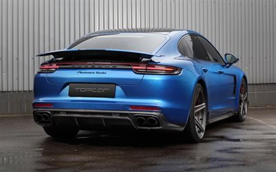 Porsche Panamera Turbo, 2018, esterno, vista posteriore, blu opaco Panamera, sport coupe tuning Panamera, tedesco di auto sportive, TopCar, GT Edition, Porsche
