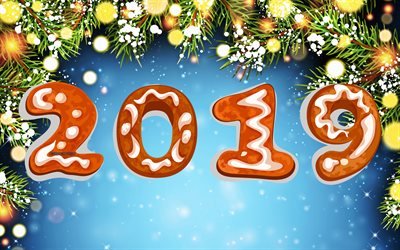 4k, 2019 year, cookie digits, creative, blue background, 2019 concepts, xmas decorations, Happy New Year 2019