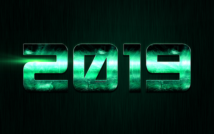 2019 anno, acciaio verde lettere, texture metallica, 2019 concetti, Anno Nuovo, verde, metallo, sfondo, arte creativa