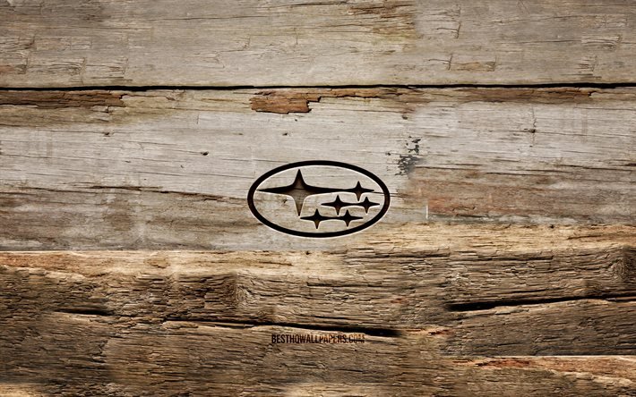 Subaru wooden logo, 4K, wooden backgrounds, cars brands, Subaru logo, creative, wood carving, Subaru
