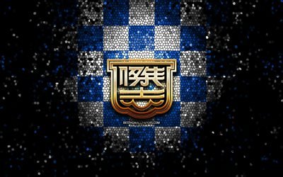 Kitchee SC, logo glitter, Hong Kong Premier League, blu bianco sfondo a scacchi, calcio, squadra di calcio di Hong Kong, Kitchee SC logo, arte del mosaico, Kitchee FC