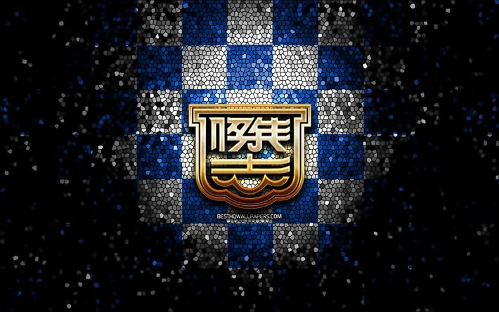 Kitchee SC, logo glitter, Hong Kong Premier League, blu bianco sfondo a scacchi, calcio, squadra di calcio di Hong Kong, Kitchee SC logo, arte del mosaico, Kitchee FC