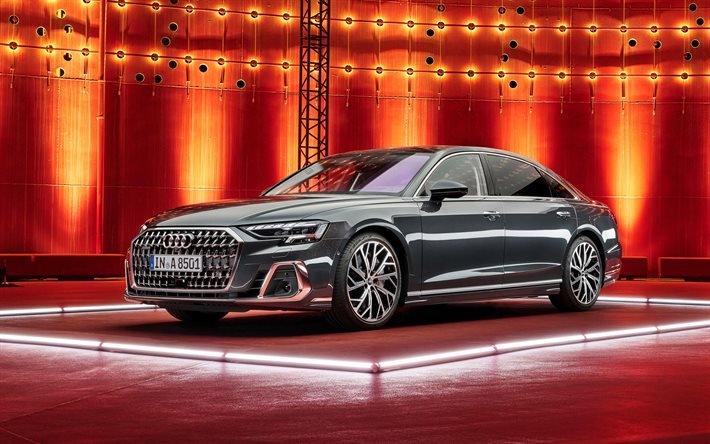 2022, Audi A8 L, 4k, dış cephe, &#246;nden g&#246;r&#252;n&#252;m, gri sedan, yeni gri A8 L, Alman otomobilleri, Audi
