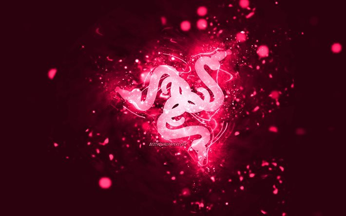 Razer pink logo, 4k, pink neon lights, creative, pink abstract background, Razer logo, brands, Razer