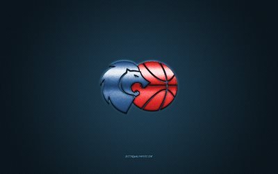 CB Breogan, clube de basquete espanhol, logotipo vermelho, fundo azul de fibra de carbono, Liga ACB, basquete, Lugo, Espanha, logotipo CB Breogan