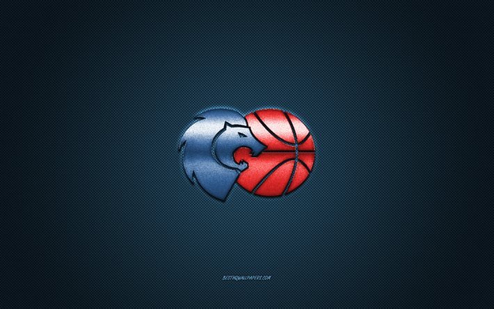 シービー・ブレオガン, スペインのバスケットボールクラブ, 赤いロゴ, 青い炭素繊維の背景, リーガACB, バスケットボール, ルーゴ, スペイン, シービー・ブレオガンのロゴ
