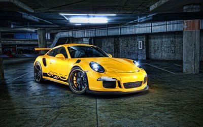 Porsche 911 GT3 RS, 4k, parking, 2021 voitures, supercars, Jaune Porsche 911, voitures allemandes, HDR, Porsche