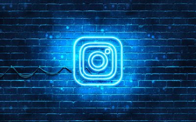 Logo blu di Instagram, muro di mattoni blu, 4k, nuovo logo di Instagram, social network, logo al neon di Instagram, logo di Instagram, Instagram
