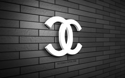 Logotipo da Chanel 3D, 4K, parede de tijolos cinza, criativo, marcas, logotipo da Chanel, arte 3D, Chanel