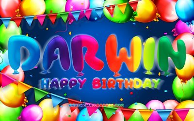 Buon compleanno Darwin, 4k, cornice di palloncini colorati, nome Darwin, sfondo blu, buon compleanno Darwin, compleanno di Darwin, nomi maschili americani popolari, concetto di compleanno, Darwin